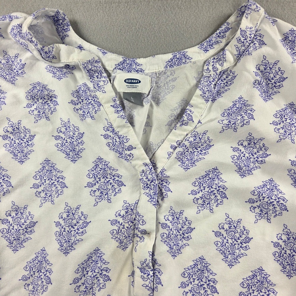 Old Navy Women Large Purple White Floral Block Print Viscose High Low Blouse - Picture 2 of 10